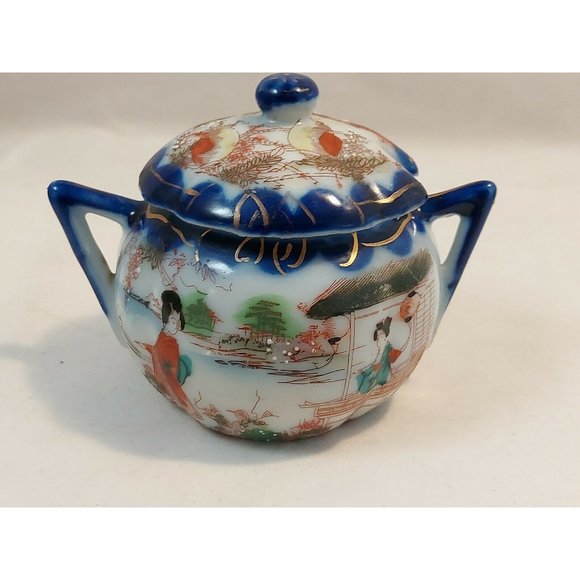 Antique Moriage Japan Porcelain Sugar Bowl w/lid Marked 3" tall Geisha scene - Picture 9 of 12